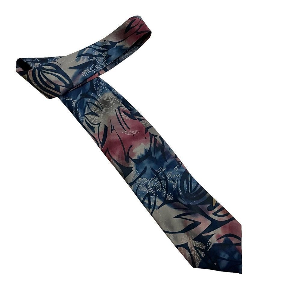 Grey red and blue abstract leaf pattern silk neck tie